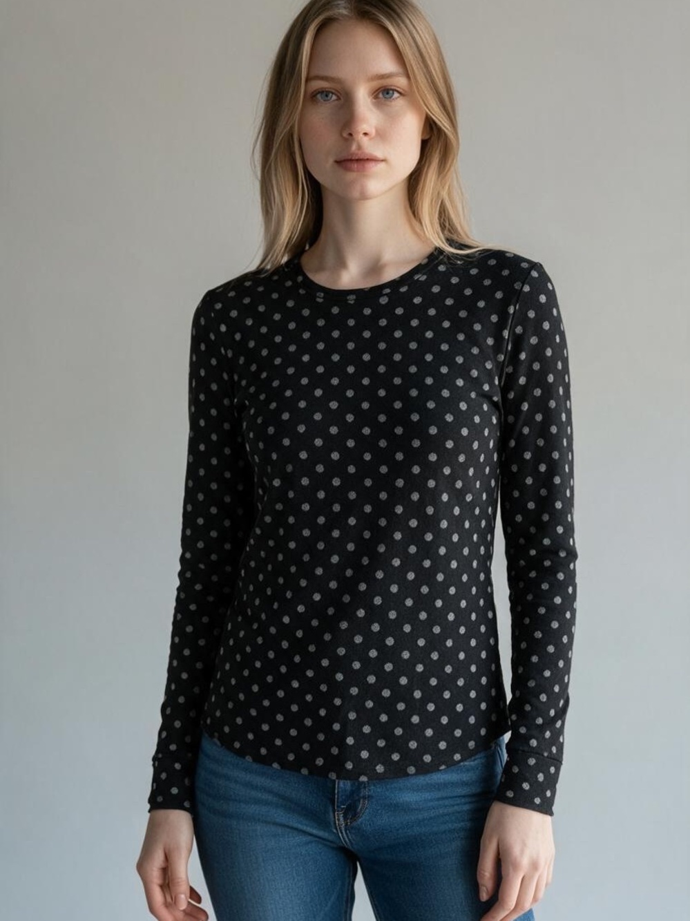 Cuddl Duds Black Long-Sleeve Polka Dot Crewneck Top